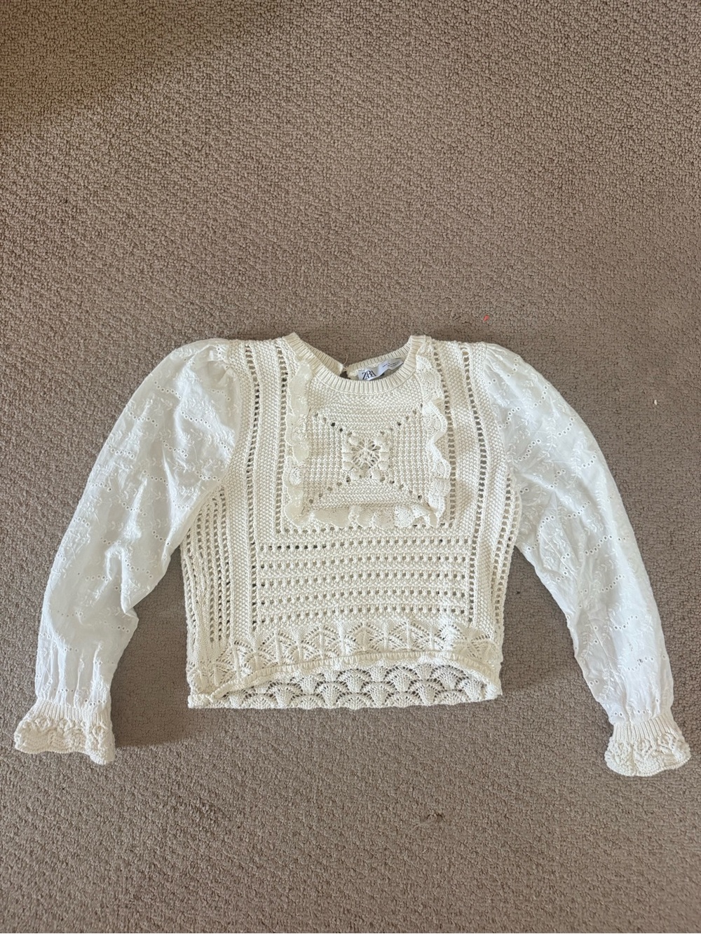 Zara White Crochet & Eyelet Long-Sleeve Kids Top